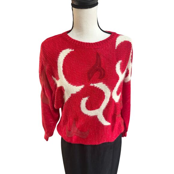 Vintage 90s Women Flame Sweater Red White Abstract Knit Pullover Sz S Bold - Picture 1 of 10